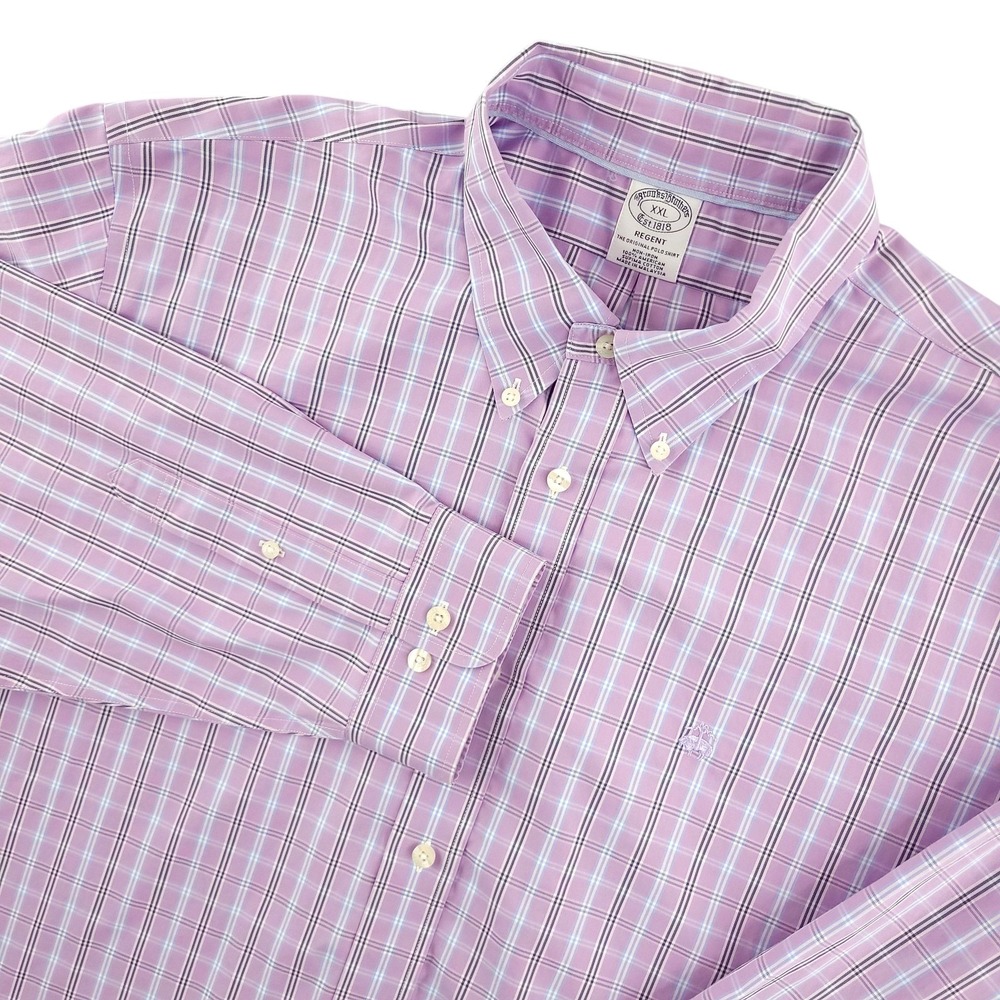 Brooks Brothers Dress Shirt Mens 2XL Purple Plaid Regent Non Iron Supima Cotton